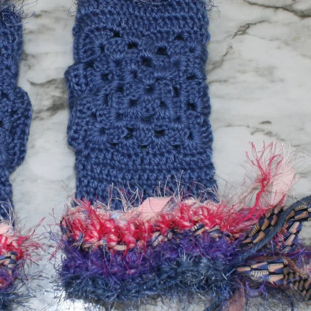 HAND CRAFTED Gloves Fingerless Crochet Upcycled Necktie Trim Barbiecore Blue